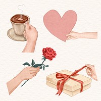 Cute Valentine’s day design element psd hand drawn illustration set