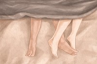 Couple&rsquo;s feet on bed psd romantic Valentine&rsquo;s hand drawn illustration