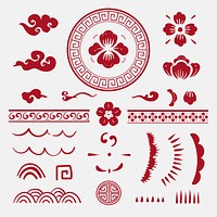 Chinese flowers red psd stickers collection