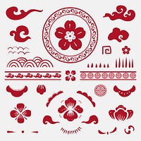 Chinese flowers red vector stickers set