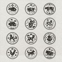 Chinese animal zodiac badges vector black new year stickers set