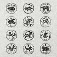 Chinese animal zodiac badges psd black new year stickers set