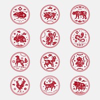 Chinese horoscope animals badges psd red new year design elements set