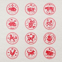 Chinese animal zodiac badges psd red new year stickers collection