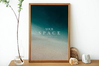 Wooden frame mockup psd deep blue ocean watercolor