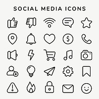 Social media outlined icon vector set with black