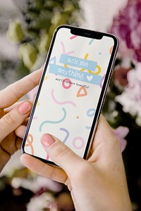 Mobile phone screen mockup psd with social media story ask me anything quiz