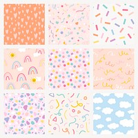 Background seamless pattern psd with cute pastel doodle set