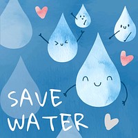 Editable environment template vector for social media post with save water text in watercolor