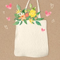 Eco-friendly background psd with flowers in tote bag illustration                                                                              