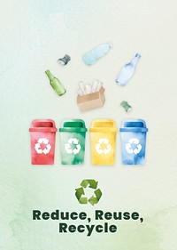 Editable environment poster template psd with recycling symbol in watercolor