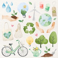 Sustainable living psd in watercolor design element set
