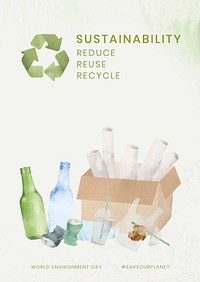 Editable environment poster template psd with recycling symbol in watercolor