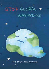 Editable environment poster template psd with stop global warming text in watercolor