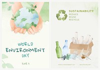 Editable environment poster template psd in watercolor set