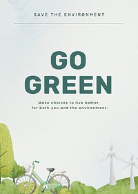 Editable environment poster template psd with go green text in watercolor