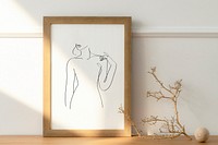 Frame mockup psd with minimal aesthetic woman line art graphic