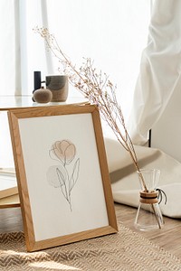 Aesthetic frame mockup psd line art tulip flower drawing living room decoration