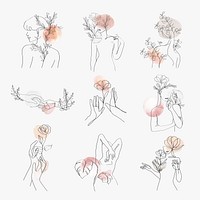 Woman’s gesture line art psd feminine pastel illustration collection