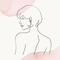 Woman’s upper body psd line art illustration on pink pastel watercolor background