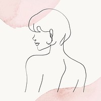 Woman’s upper body vector line art illustration on pink pastel watercolor background