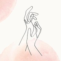 Feminine hands line art vector minimal illustration on orange pastel watercolor background