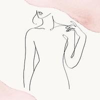 Woman&rsquo;s upper body vector line art illustration on pink pastel watercolor background