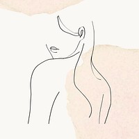 Woman&rsquo;s upper body psd line art illustration on beige pastel watercolor background