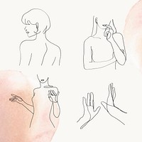 Woman’s gesture line art vector feminine pastel watercolor illustration set