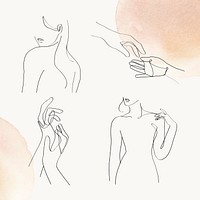 Woman’s gesture line art psd feminine pastel watercolor illustration set