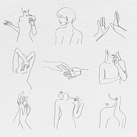 Aesthetic woman’s body psd line art minimal grayscale drawings set