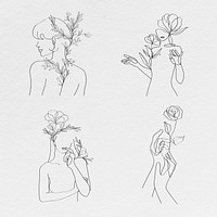 Minimal woman&rsquo;s body psd line art grayscale drawings set