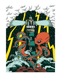Vintage octopus and lighthouse illustration wall art print and poster.