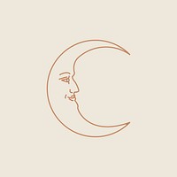 Crescent moon with face celestial linear style on beige background