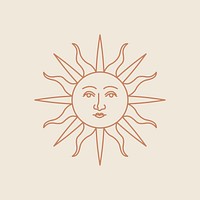 Antique sun with face vector linear style on beige background