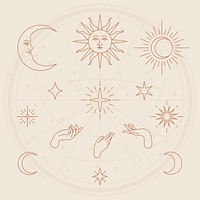 Celestial object doodle collection psd beige background