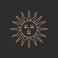 Celestial sun with face vector antique linear style on black background