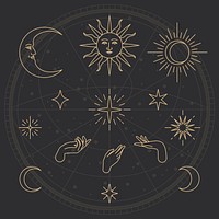 Celestial object psd golden sketch collection on black background