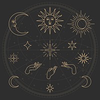 Celestial object vector golden sketch collection on black background