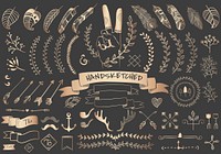 Gold hand sketched badges and banners ornaments vector set