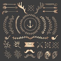 Rose gold hand sketched badges and banners ornaments vector set