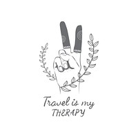 Travel is my therapy with v-shape hand gesture and leaf travel badge vector