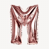 Capital letter M, rose gold foil balloon isolated on off white background