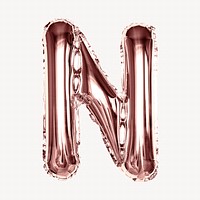Capital letter N, rose gold foil balloon isolated on off white background
