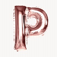 Capital letter P, rose gold foil balloon isolated on off white background