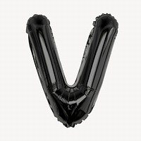 Black V letter, foil balloon isolated, alphabet design