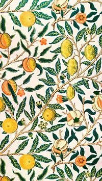 Vintage fruit iPhone wallpaper, William Morris pattern. Remixed from public domain artwork.