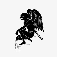 Drawing of a chained angel in silhouette