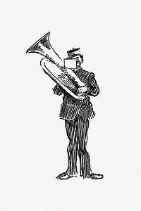 Parade brass musician from The Z.Z.G or Zig Zag Guide Round And About The Bold And Beautiful Kentish Coast... Illustrated by <a href="https://www.rawpixel.com/search/Philip%20William%20May?sort=curated&amp;page=1">Philip William May</a> (1897). Original from the British Library. Digitally enhanced by rawpixel.