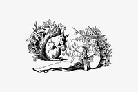Drawing of a squirrel and forest nymphs